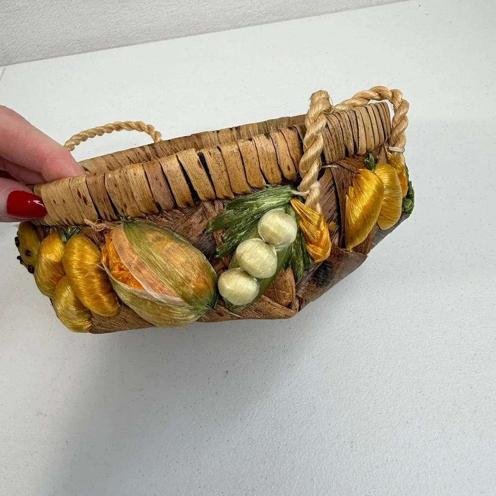 Vintage Woven Straw Basket Mushrooms‎ Vegetable Fruit Raffia Philippines Boho
